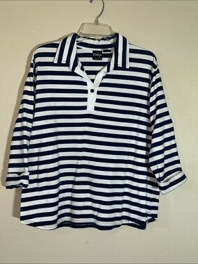 Erika Sport Woman Navy and White Striped Button-Down Shirt size 1X